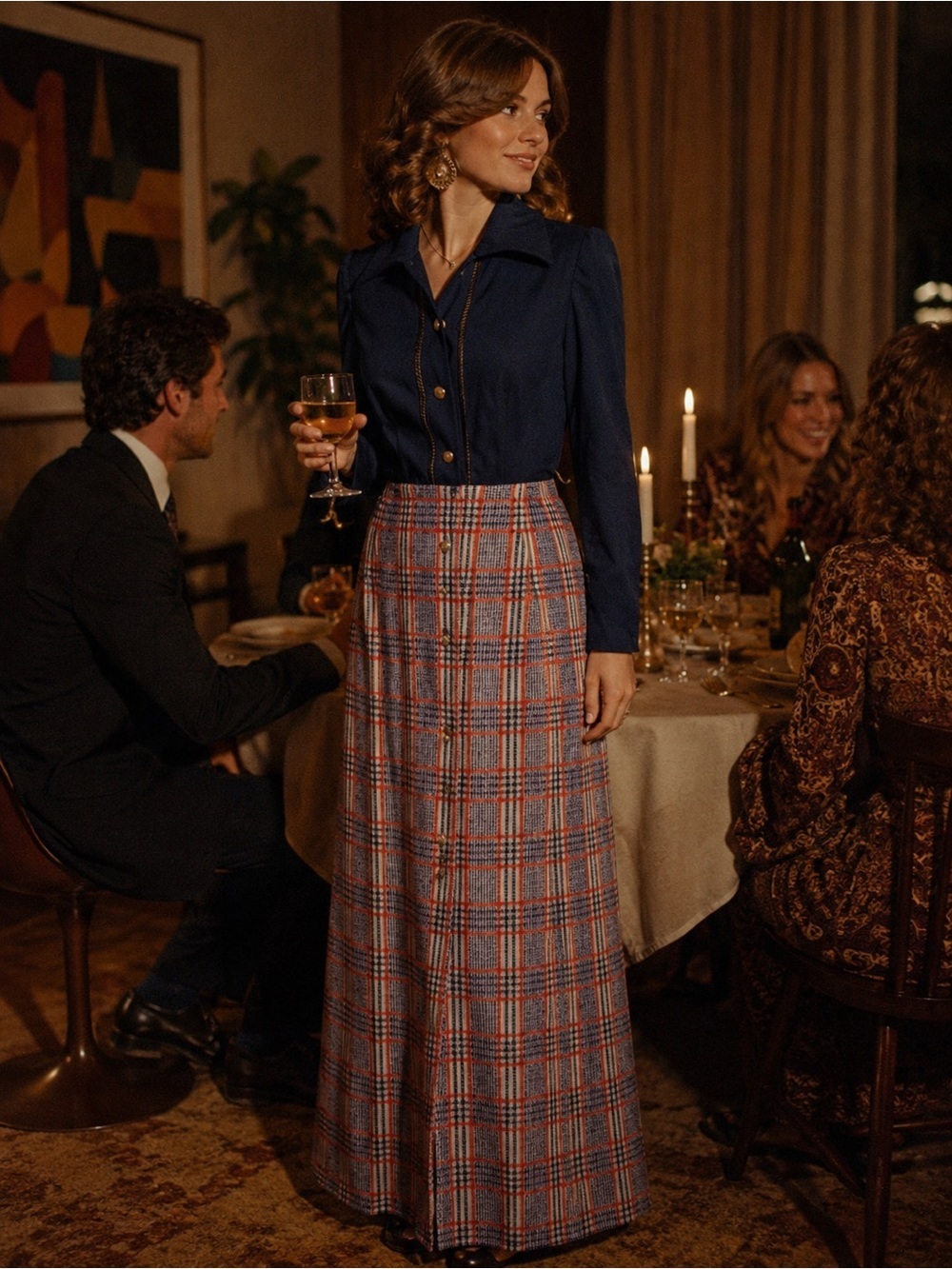 Vintage 1970s Navy Plaid Maxi Dress Long Sleeve Mod Secretary Prairie Retro M